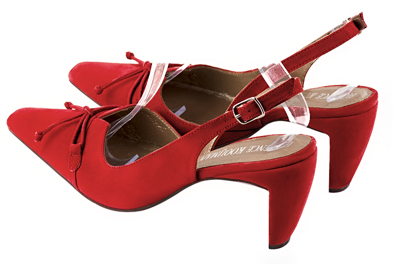 Scarlet red women's open back shoes, with a knot. Tapered toe. High comma heels. Rear view - Florence KOOIJMAN